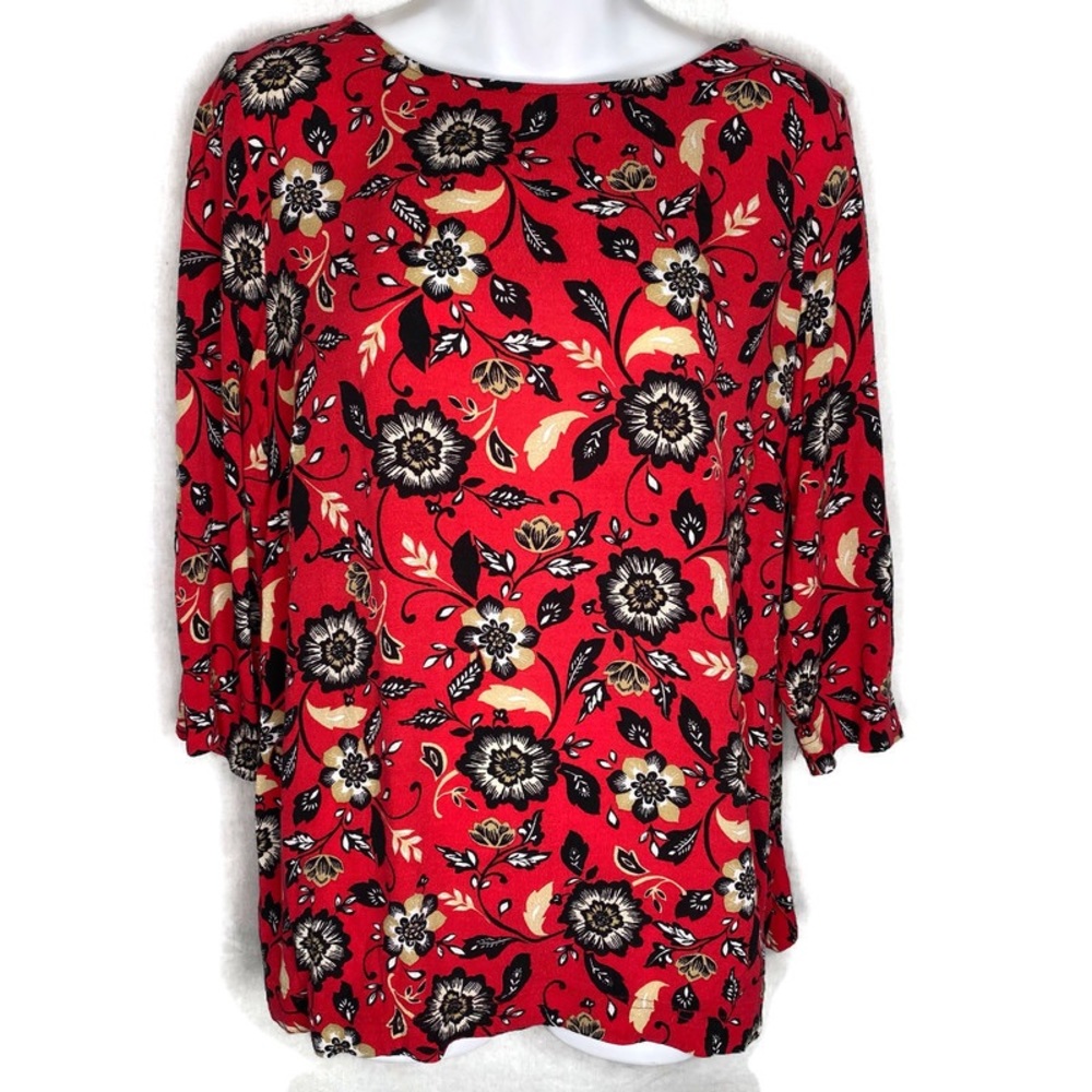 J JILL Red Black Floral Blouse Top Career Casual.